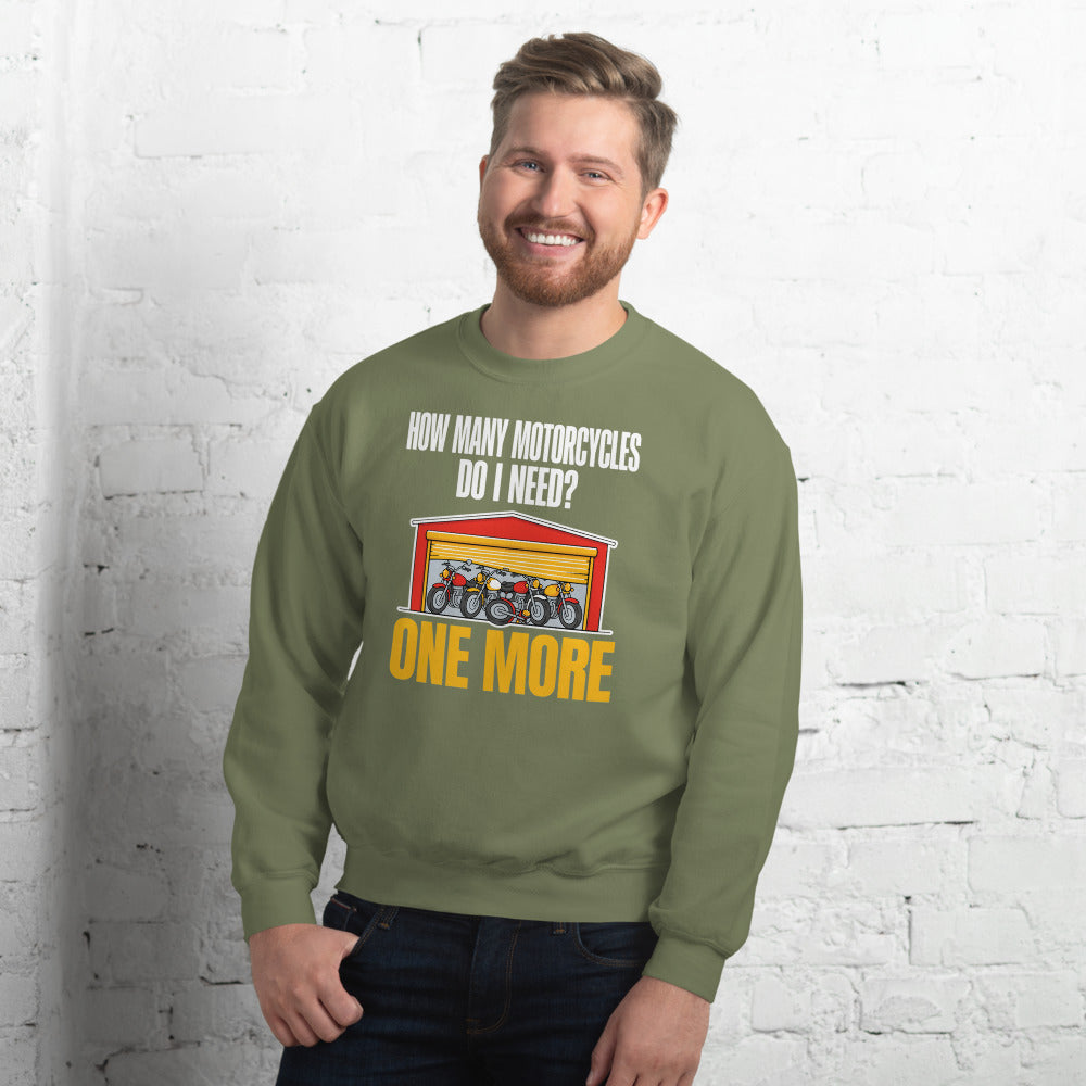 One More funny motorcycle crewneck sweatshirt — Military Green, on model