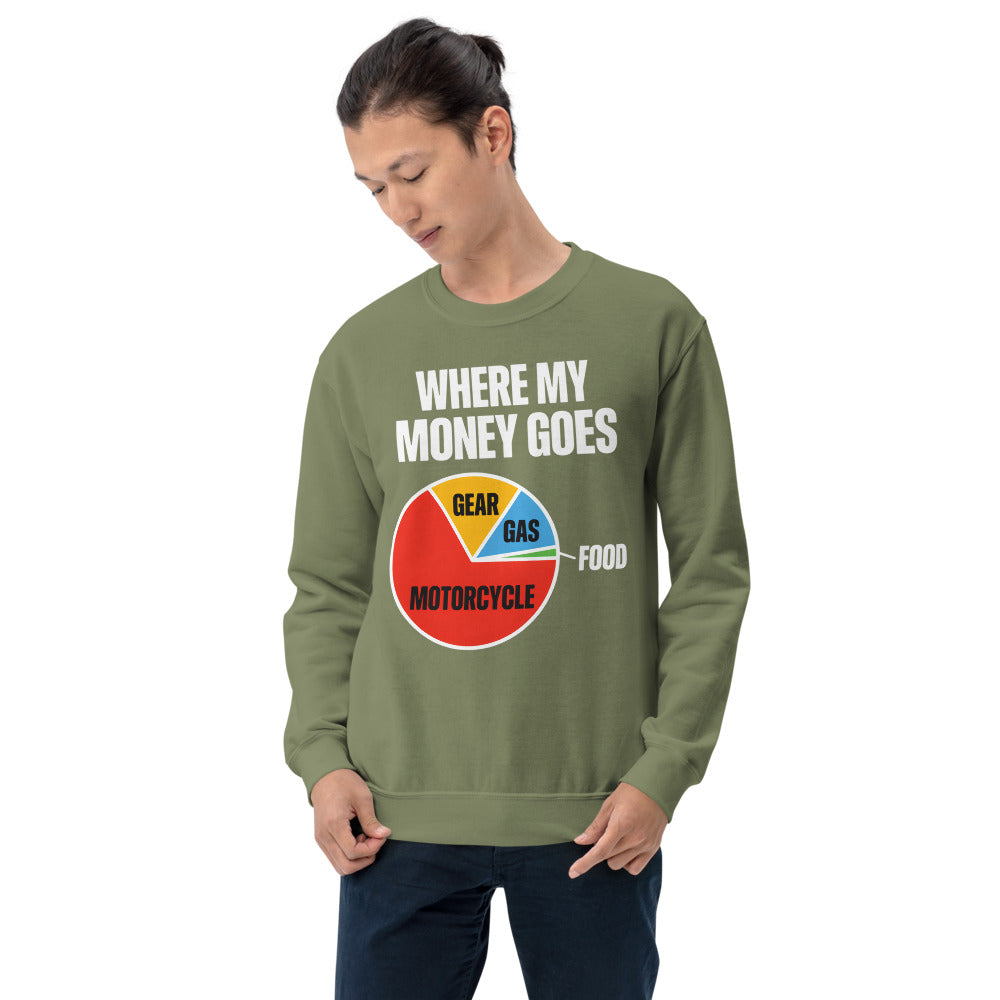 Where My Money Goes funny motorcycle crewneck sweatshirt — Military Green, on model