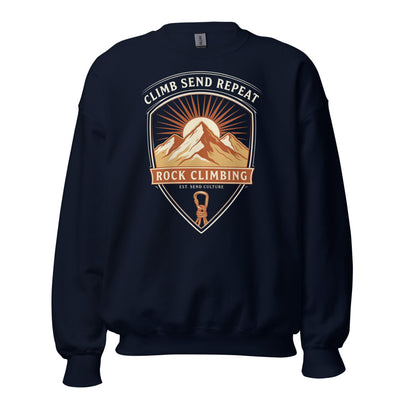 Bouldering Sweatshirt, Vintage Rock Climbing Crewneck, Climb Send Repeat Crest — Climber Gift