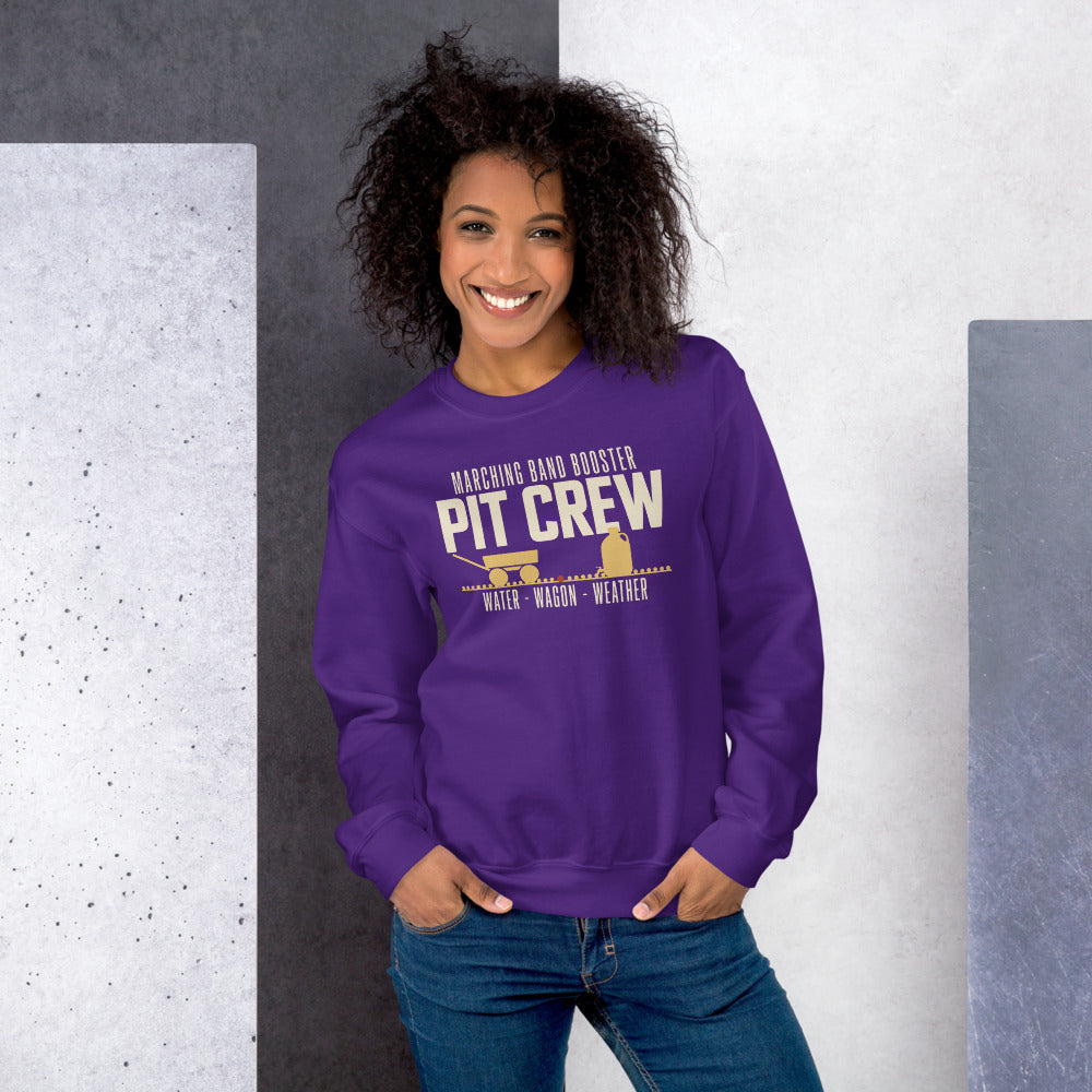 Pit Crew marching band booster crewneck sweatshirt — Purple, on model