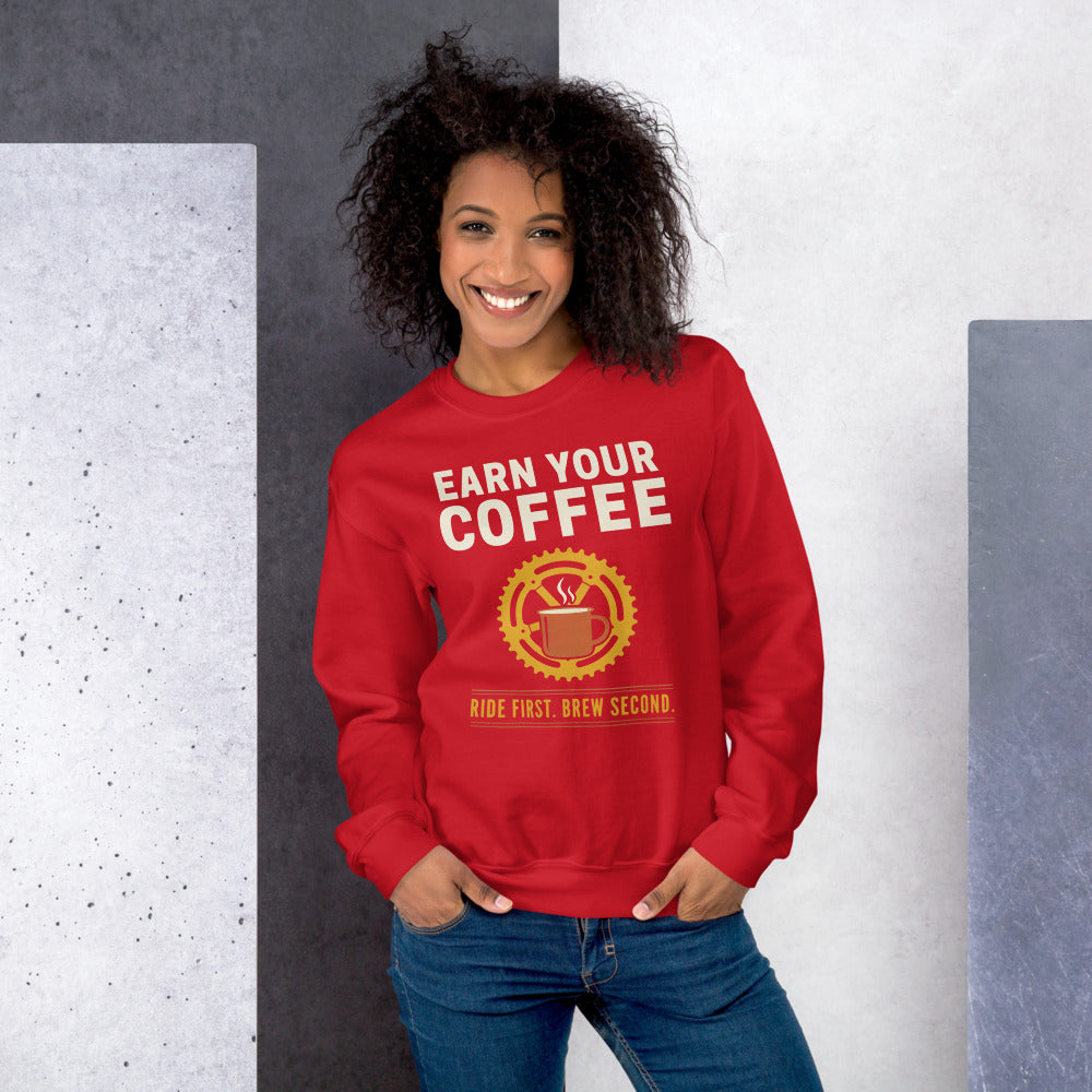Earn Your Coffee retro cycling coffee crewneck — Red, on model