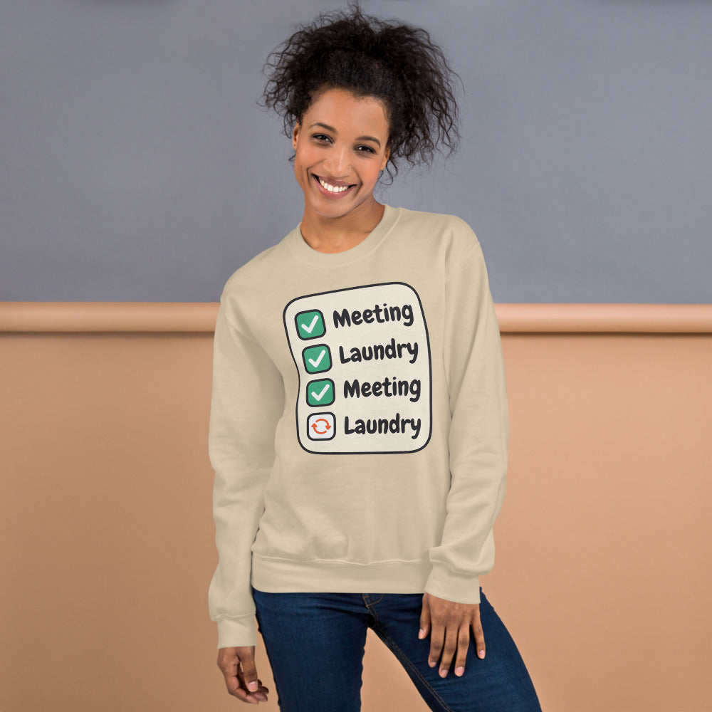Meeting Laundry funny work from home crewneck sweatshirt — Sand, on model