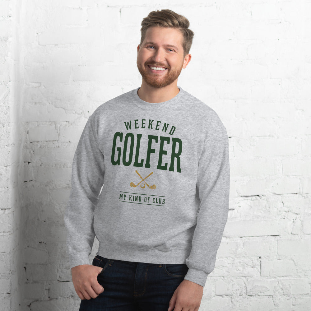 Weekend Golfer vintage golf wordmark crewneck sweatshirt — Sport Grey, on model