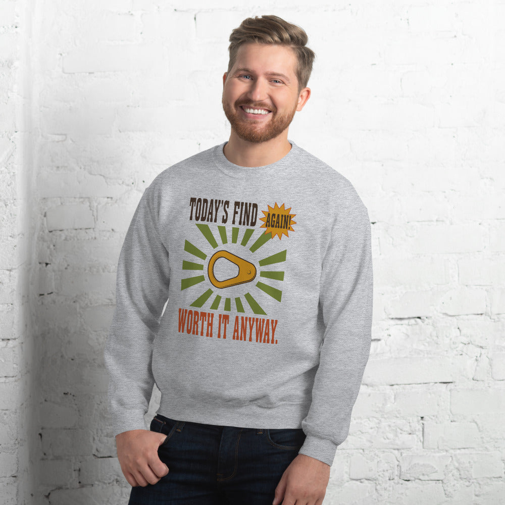 Today's Find pull tab retro metal detecting crewneck sweatshirt — Sport Grey, on model