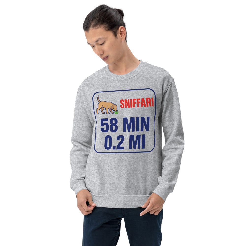Sniff Walk Recap funny dog dad crewneck sweatshirt — Sport Grey, on model