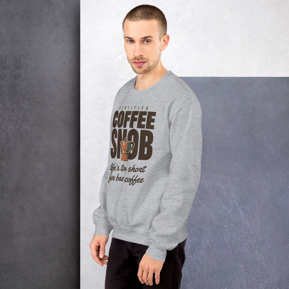 Certified Coffee Snob coffee crewneck sweatshirt — Sport Grey, on model