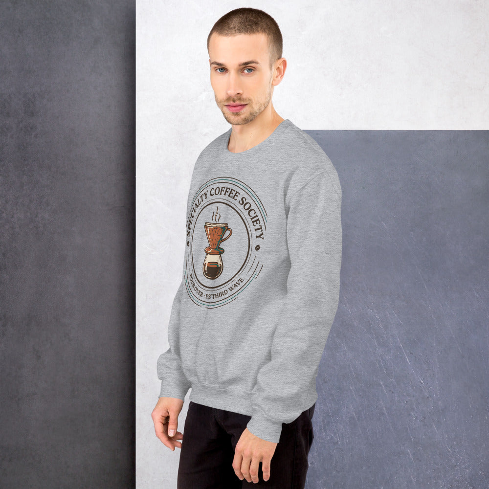 Specialty Coffee Society specialty coffee crewneck sweatshirt — Sport Grey, on model