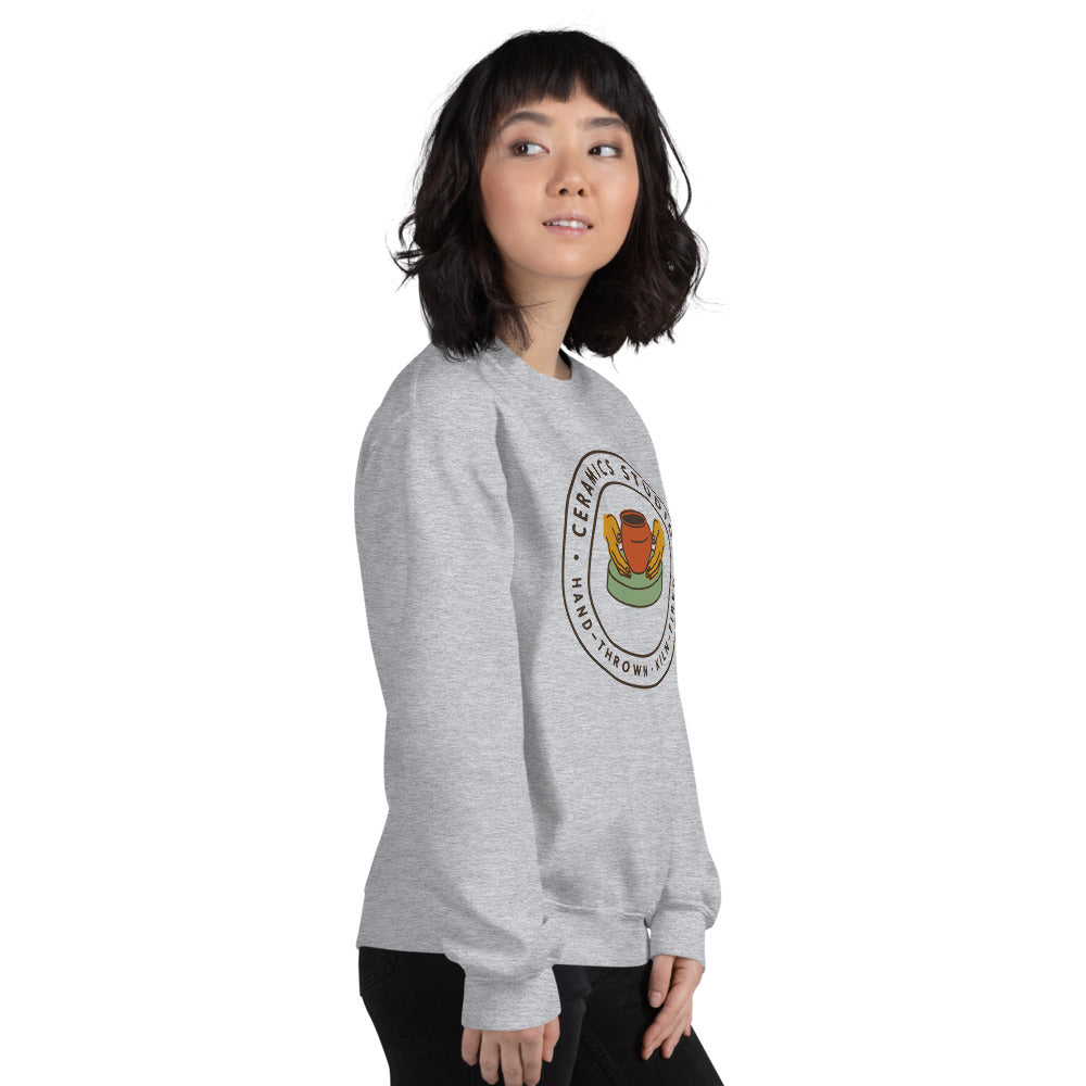 Ceramics Studio Badge hand-thrown pottery crewneck sweatshirt — Sport Grey, on model