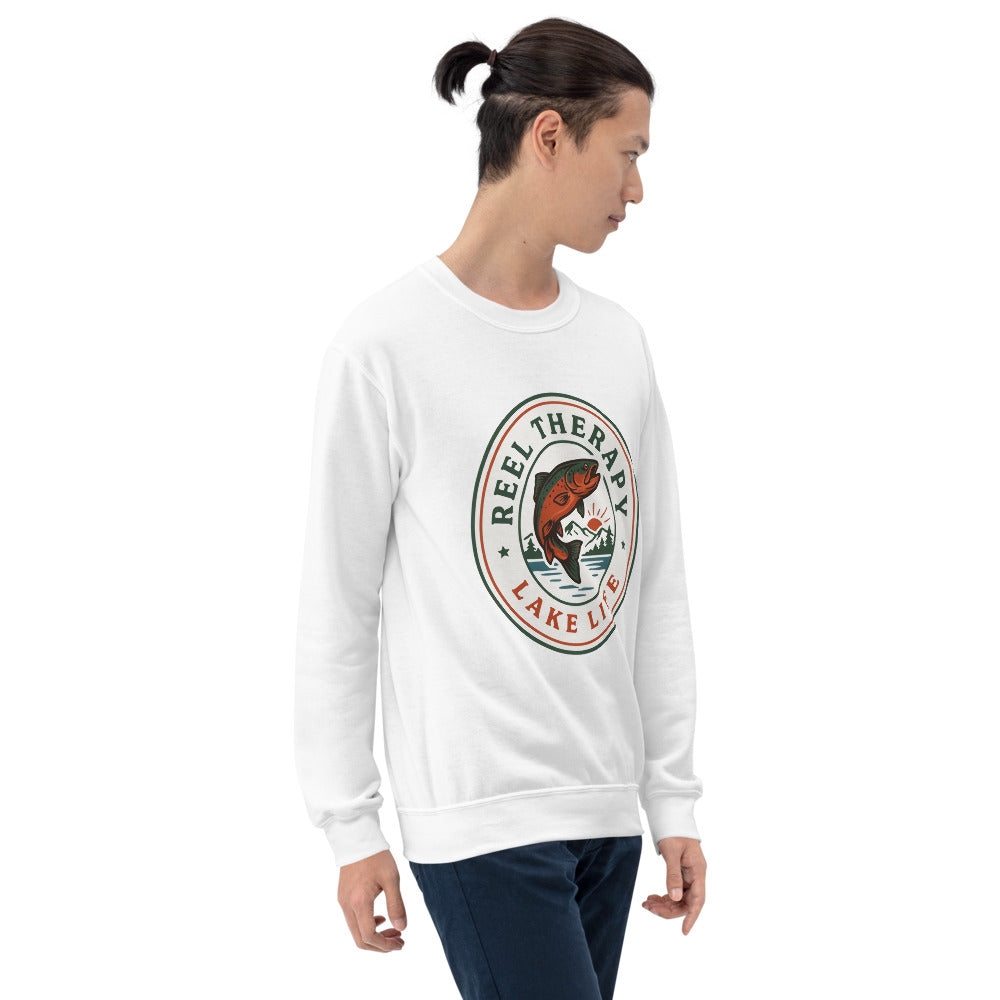Reel Therapy retro national-park trout badge fishing crewneck sweatshirt — White, on model