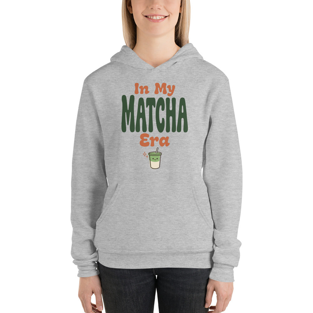 In My Matcha Era retro matcha hoodie — Athletic Heather, on model