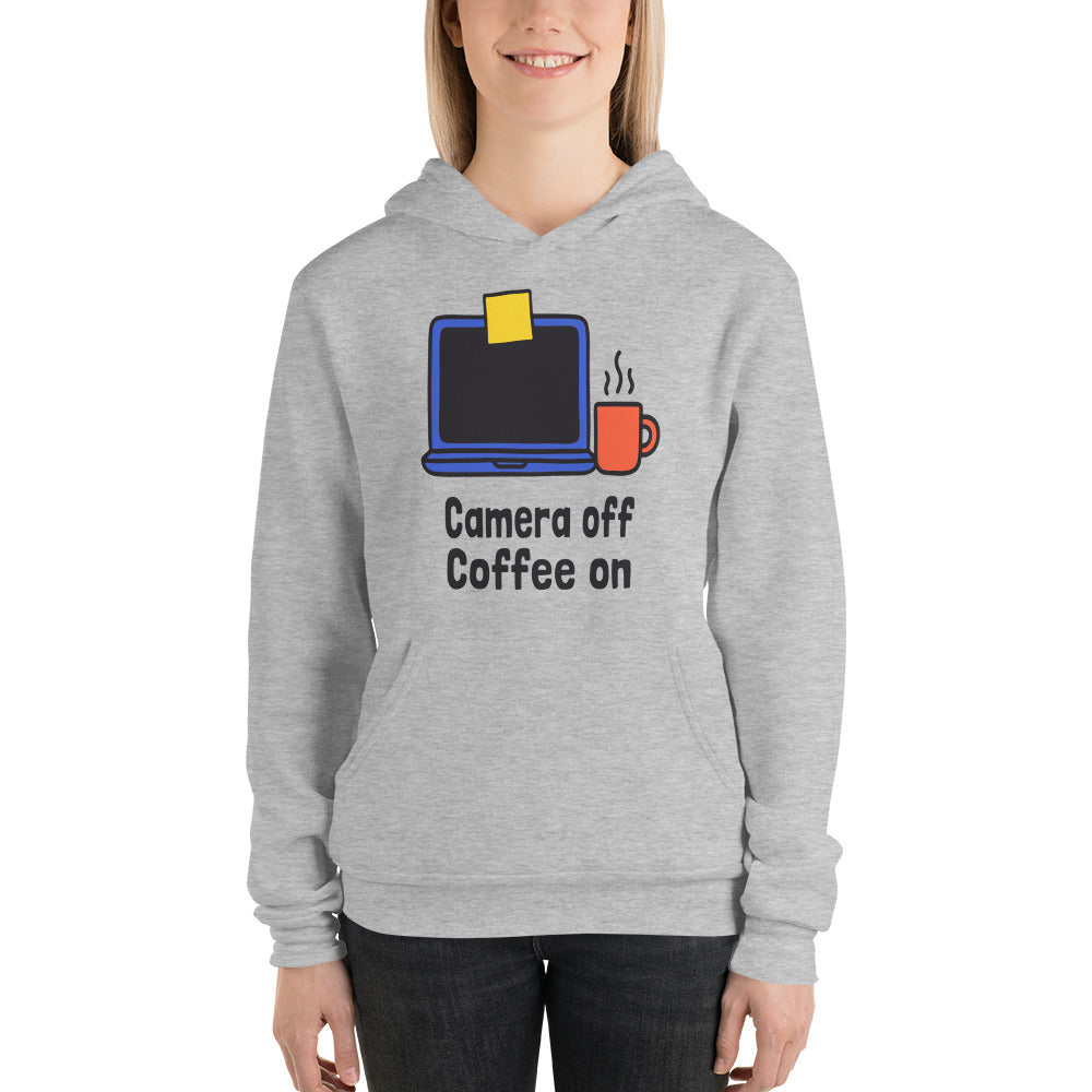 Camera Off Coffee On funny work from home unisex hoodie — Athletic Heather, on model