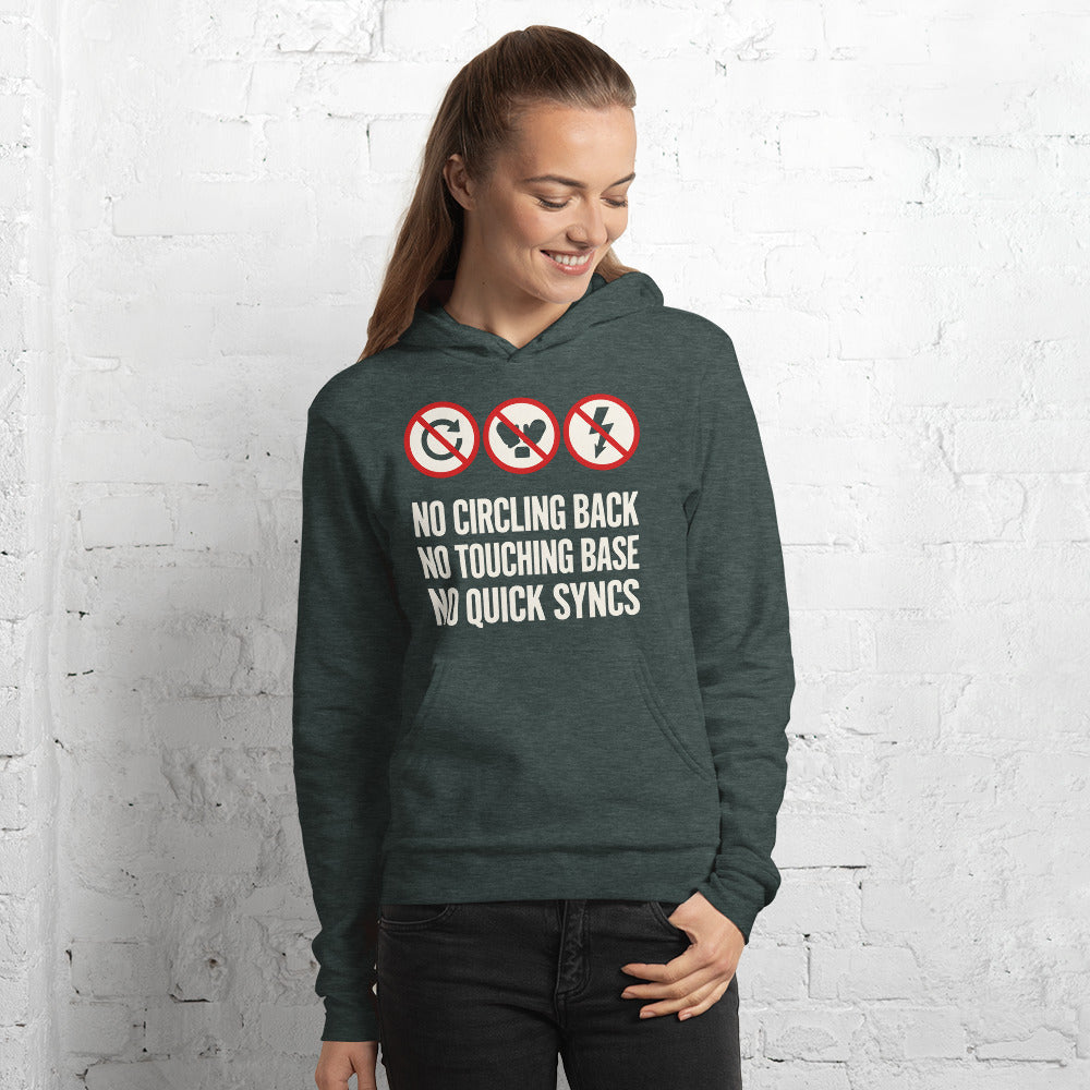 No Circling Back corporate jargon prohibition signs pullover hoodie — Heather Forest, on model