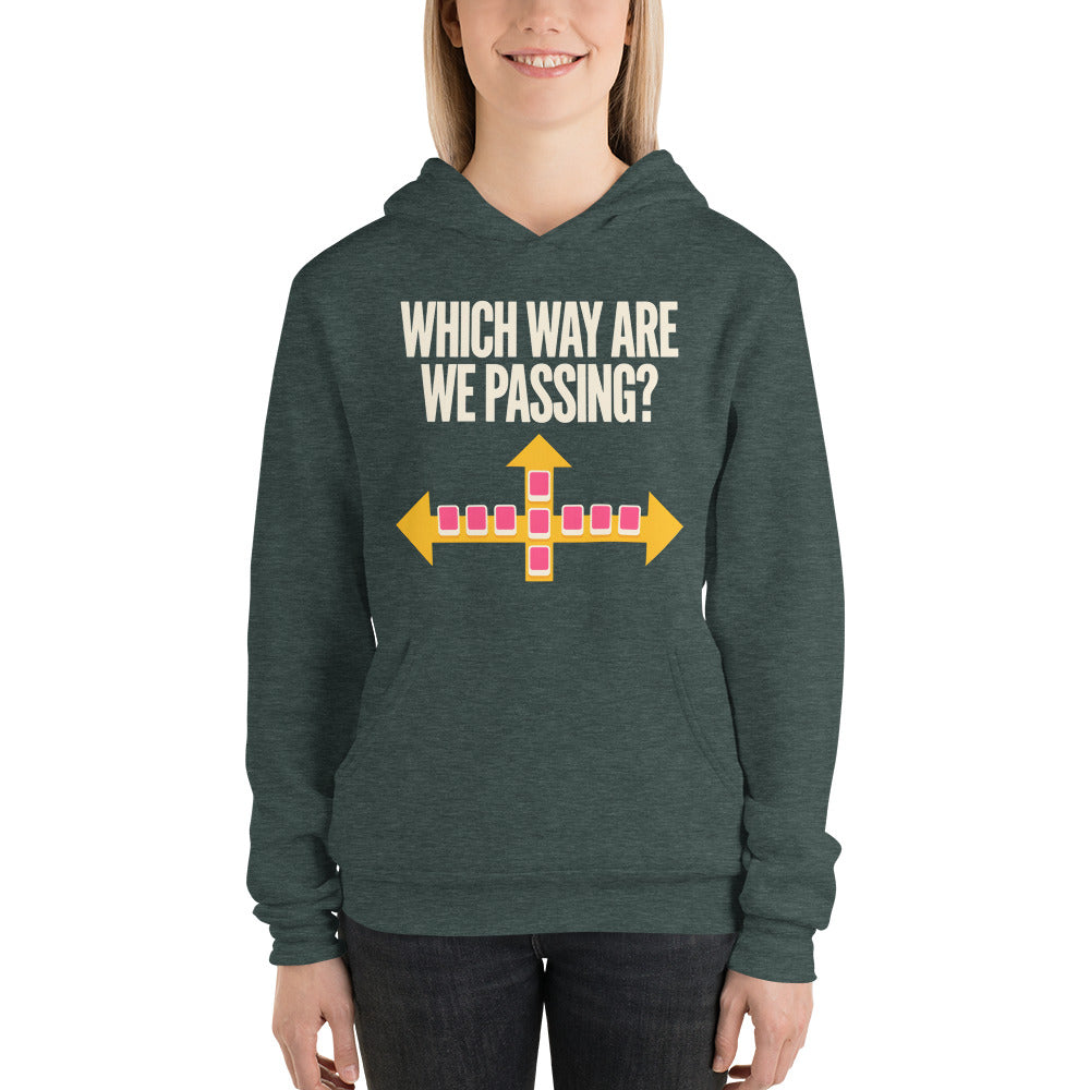 Which Way Are We Passing funny mahjong hoodie — Heather Forest, on model