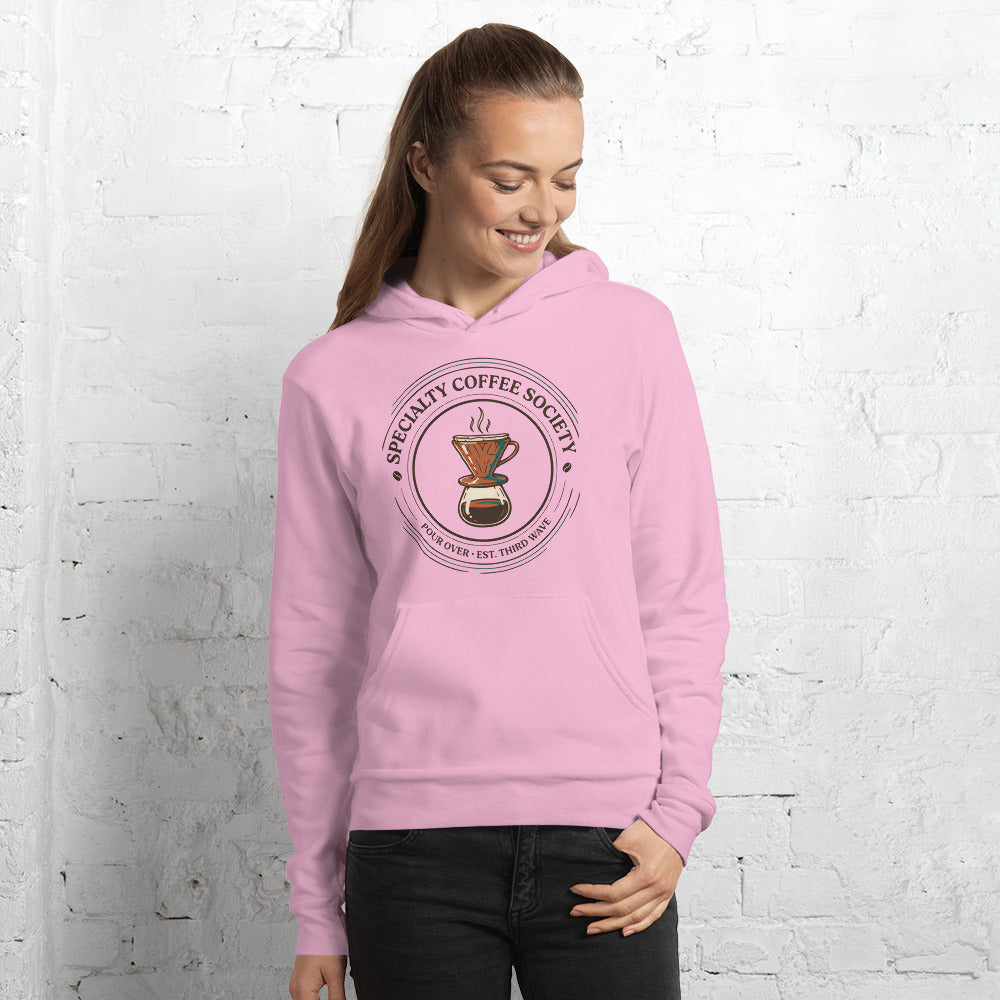 Specialty Coffee Society specialty coffee hoodie — Lilac, on model