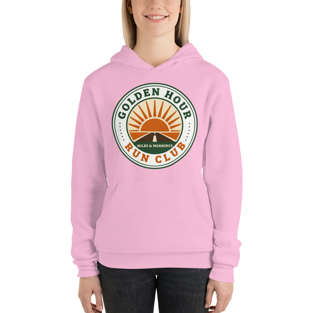 Golden Hour Run Club retro running hoodie — Lilac, on model