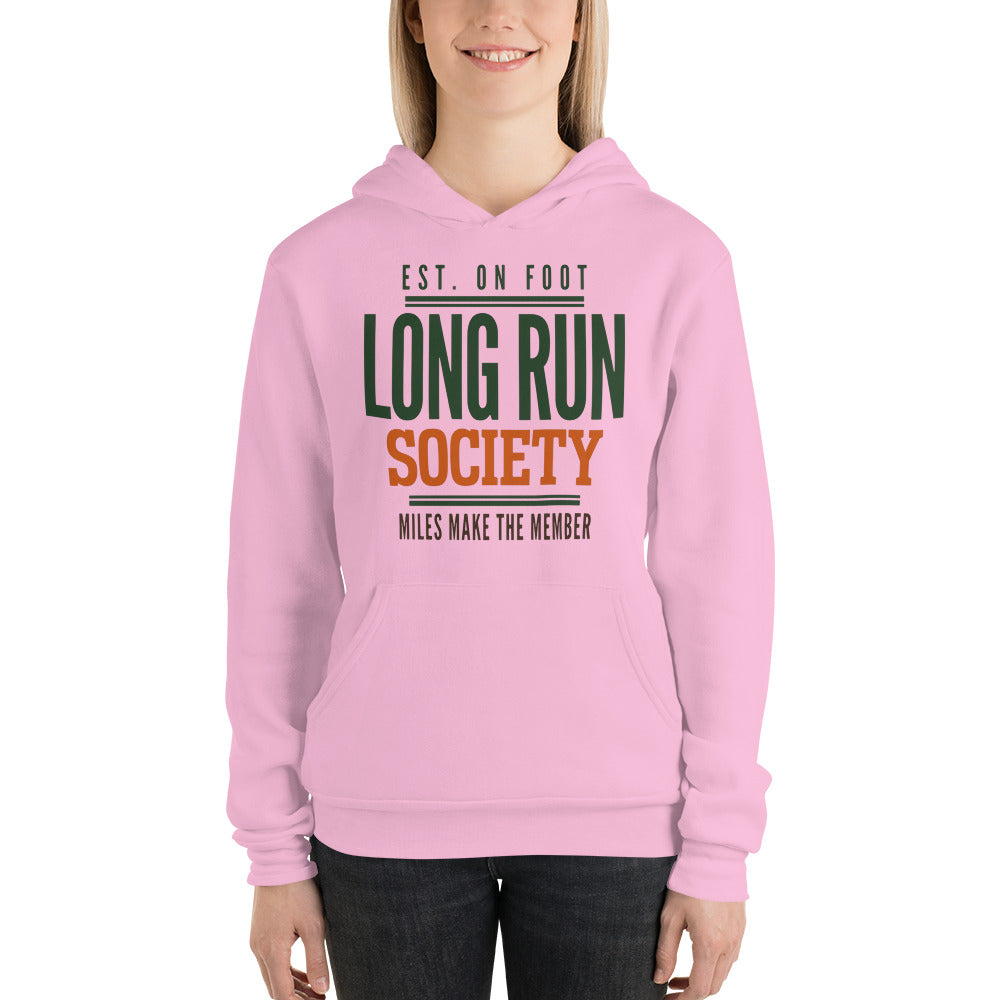Long Run Society retro running hoodie — Lilac, on model
