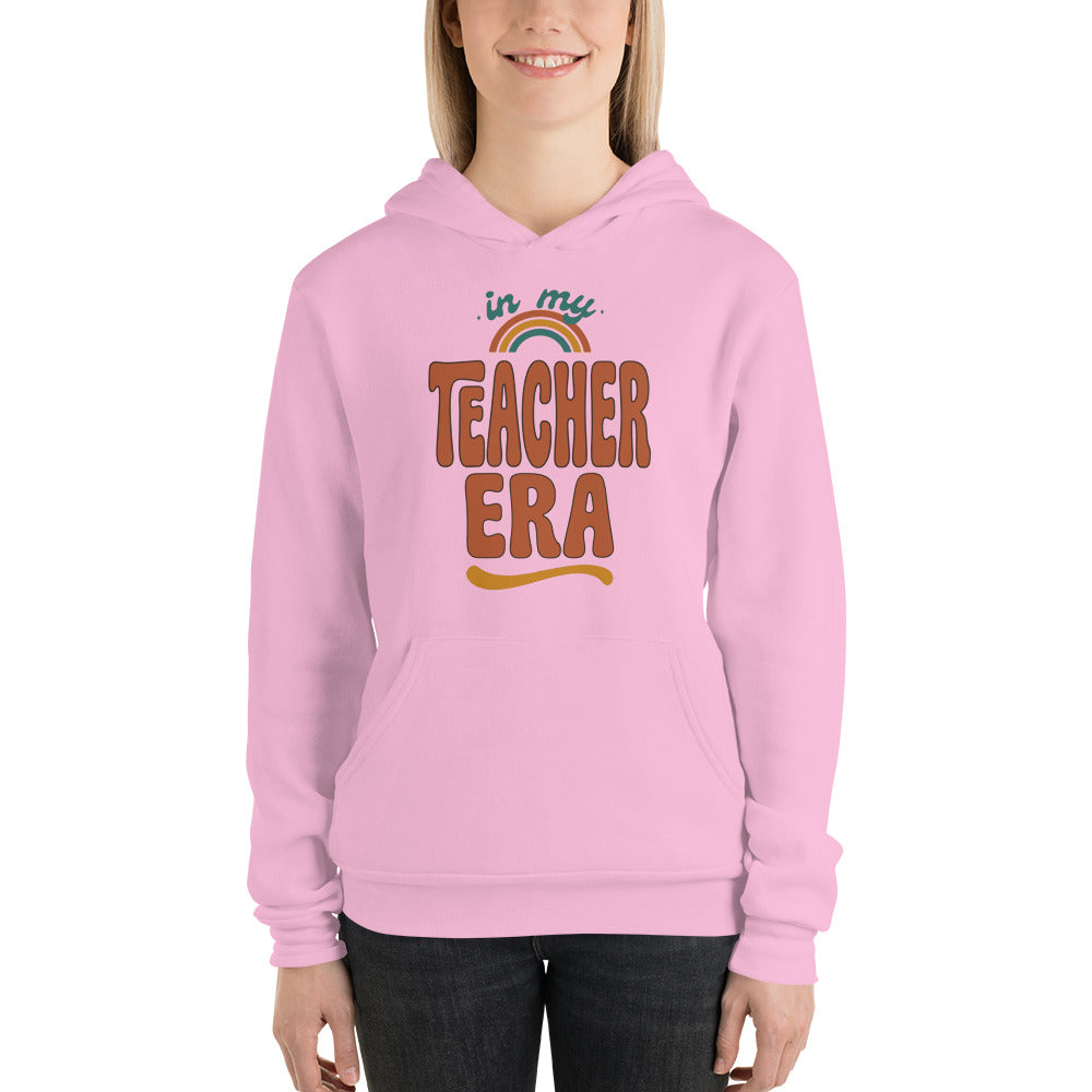 In My Teacher Era retro groovy teacher hoodie — Lilac, on model