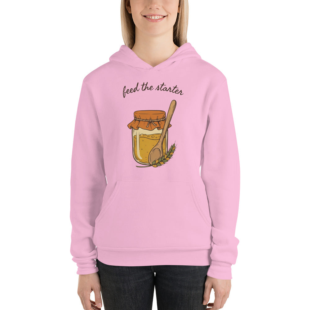 Feed The Starter sourdough baker hoodie — Lilac, on model