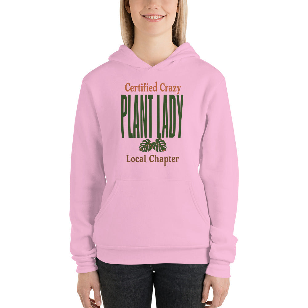 Certified Crazy Plant Lady retro botanical hoodie — Lilac, on model