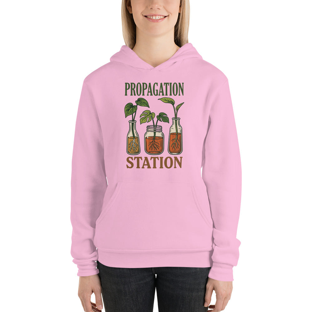 Propagation Station retro botanical plant lover hoodie — Lilac, on model