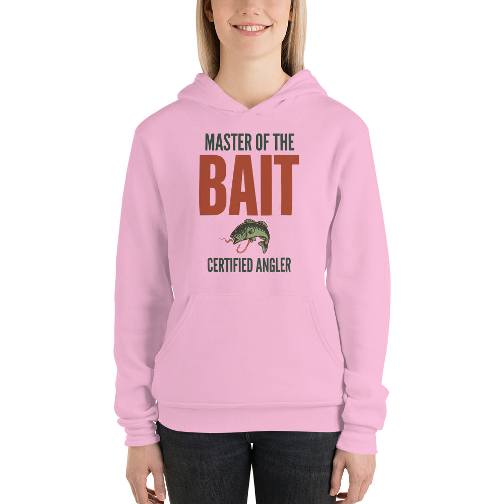 Master of the Bait retro fishing humor typography hoodie — Lilac, on model