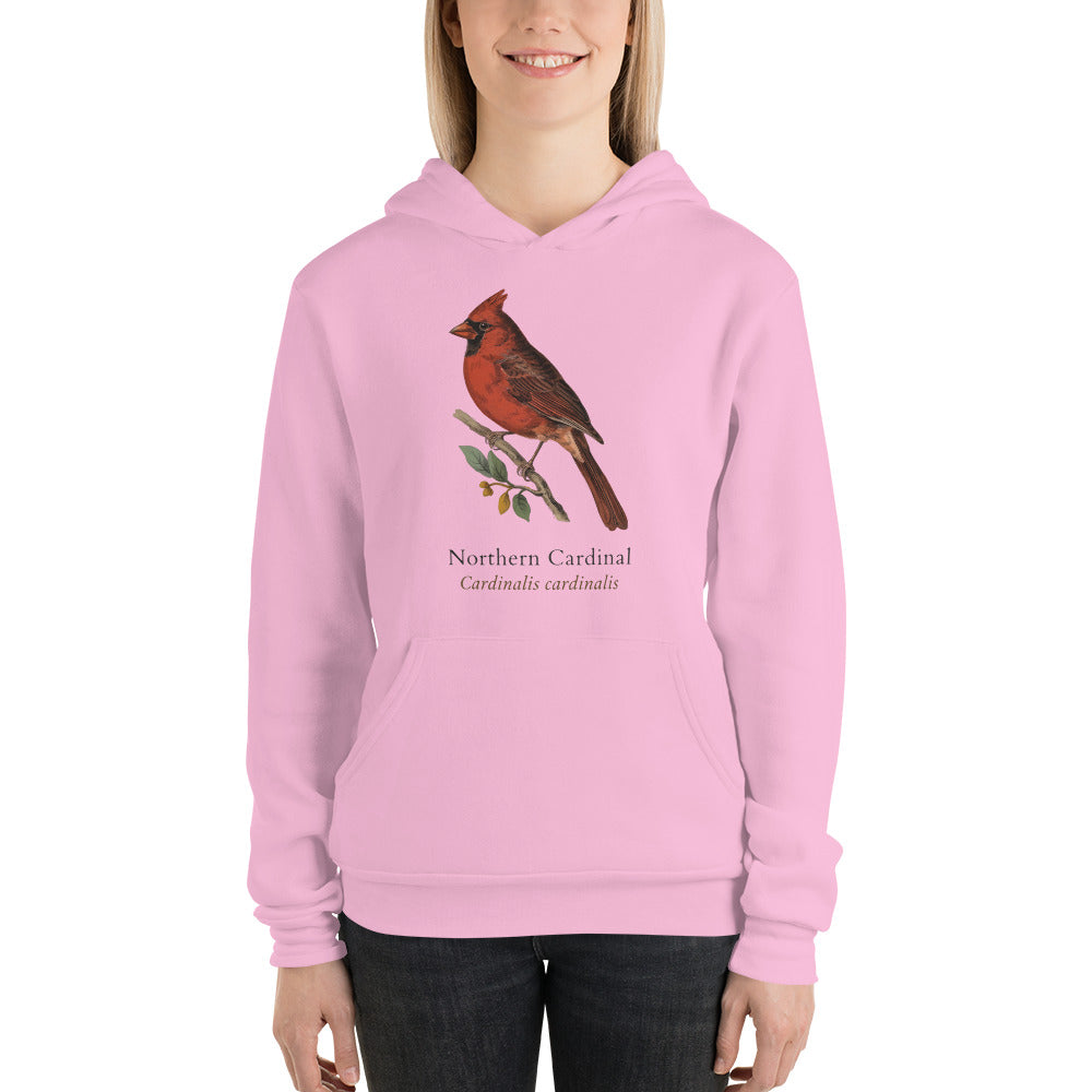 Northern Cardinal vintage field-guide hoodie — Lilac, on model