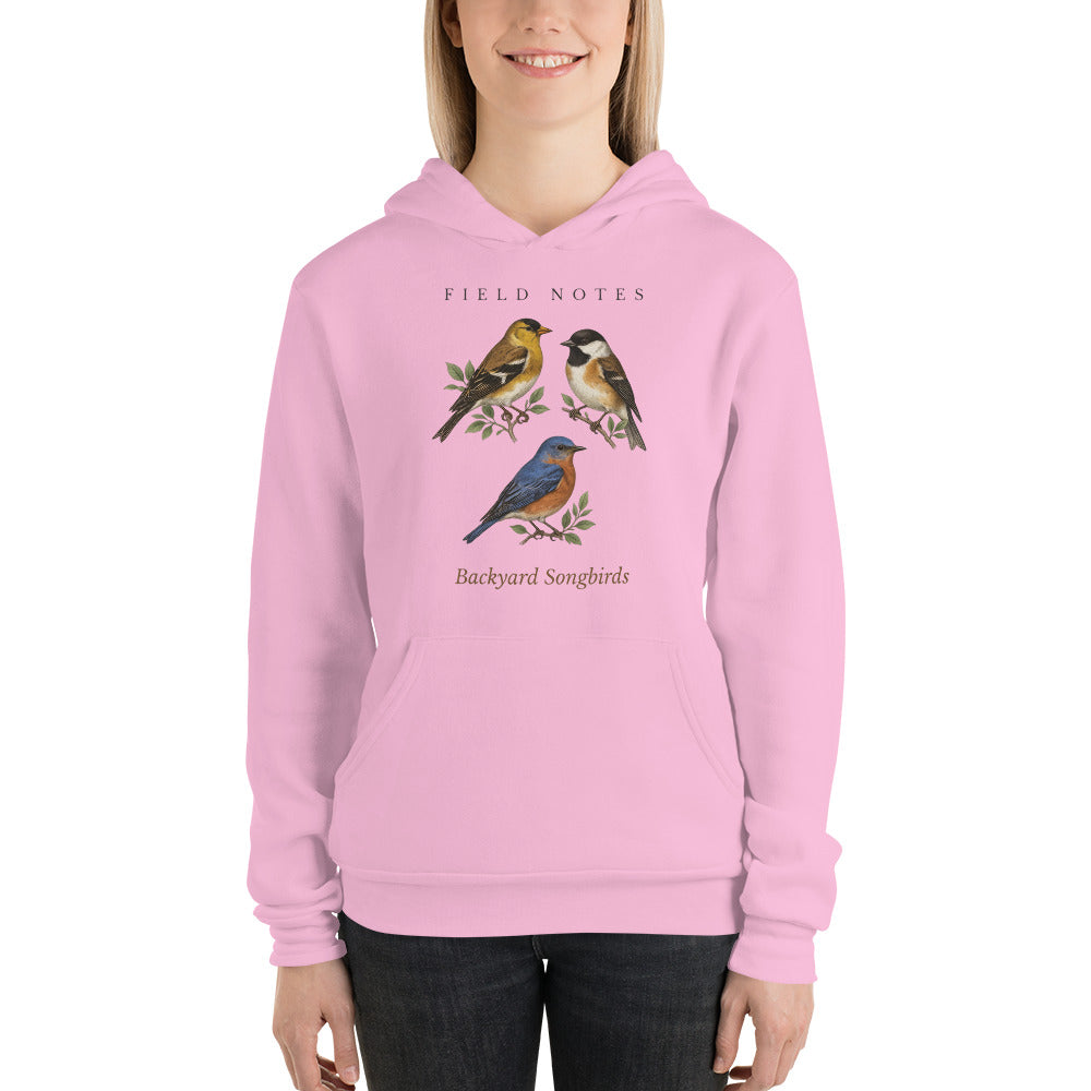 Backyard Songbirds vintage field-guide hoodie — Lilac, on model