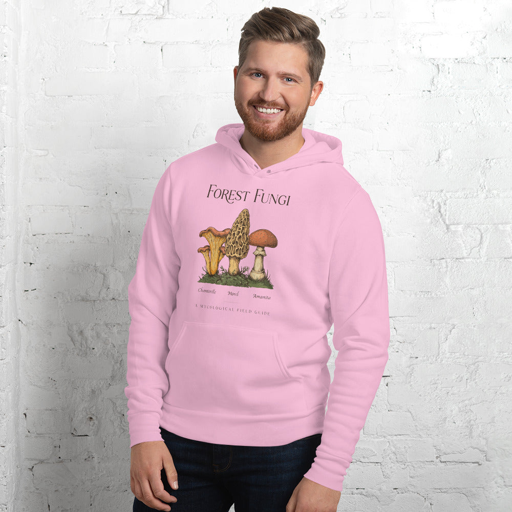 Forest Fungi vintage mushroom field guide hoodie — Lilac, on model