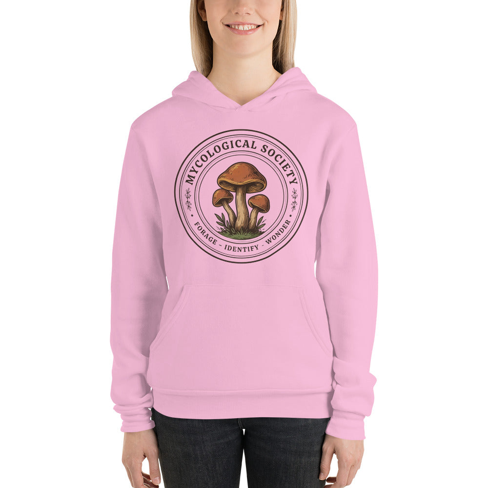 Mushroom Foraging Mycological Society vintage botanical hoodie — Lilac, on model