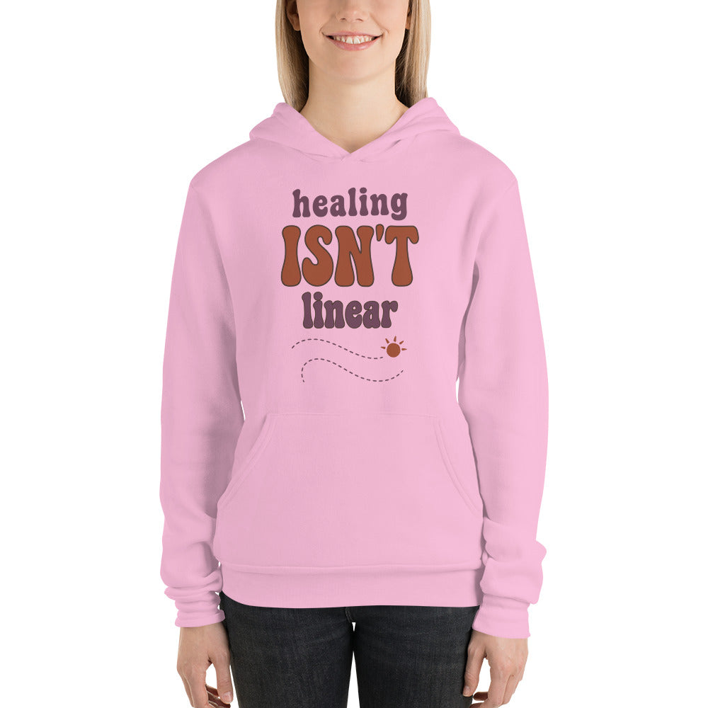 Healing Isn't Linear soft retro mental health hoodie — Lilac, on model