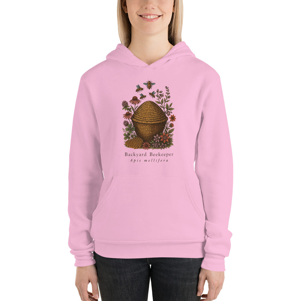 Backyard Beekeeper field-guide bee hoodie — Lilac, on model
