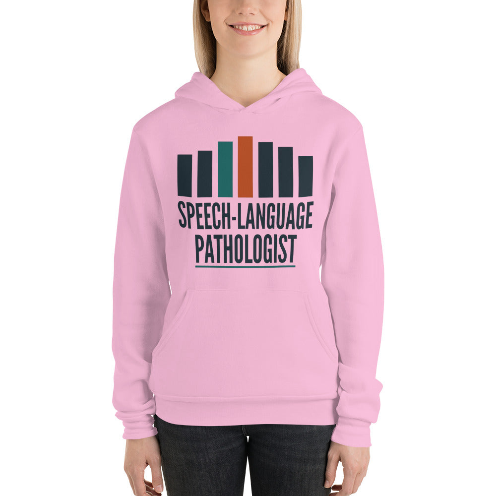 Mid-Century Clinic speech therapy hoodie — Lilac, on model