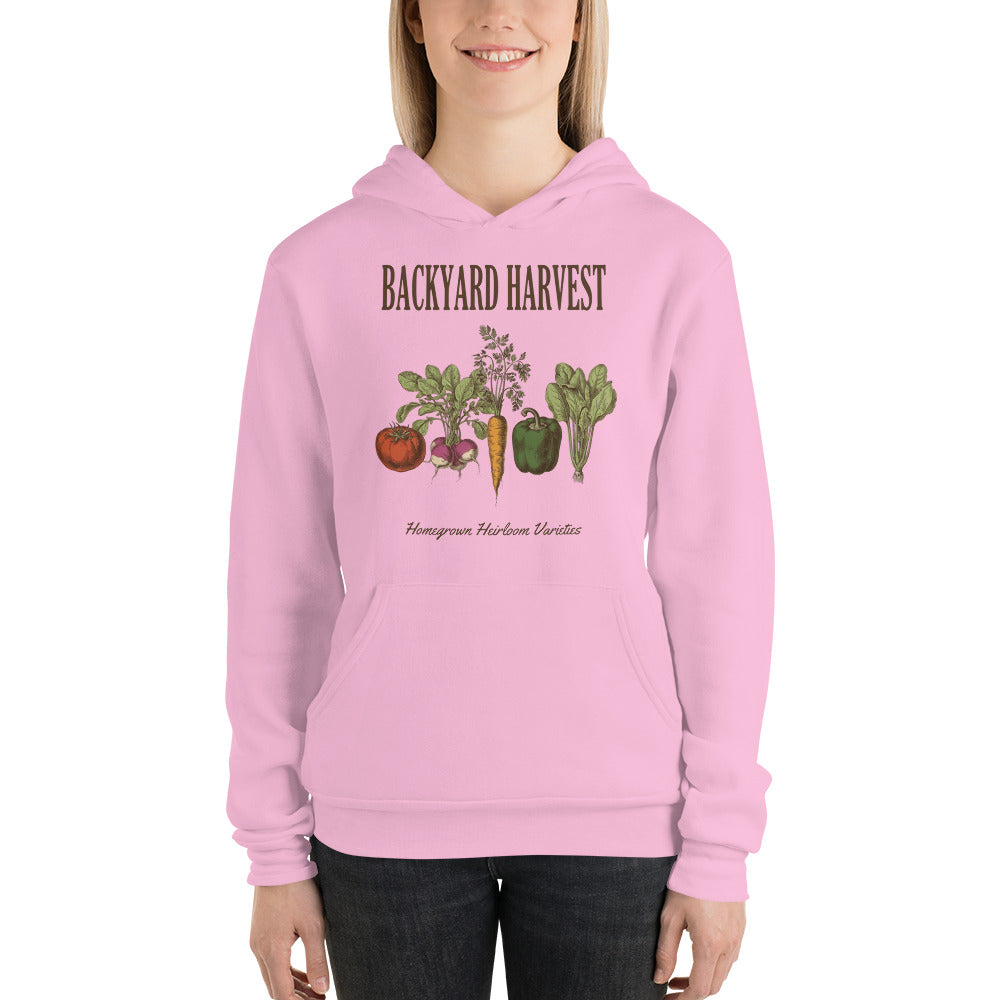 Backyard Harvest heirloom vegetable gardening hoodie — Lilac, on model