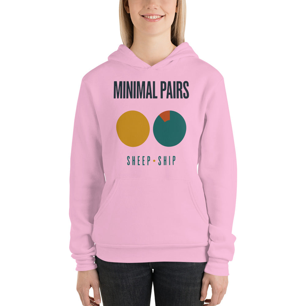 Minimal Pairs speech therapy hoodie — Lilac, on model