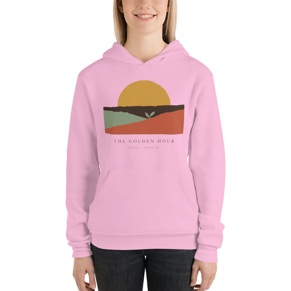 The Golden Hour birth worker doula hoodie — Lilac, on model