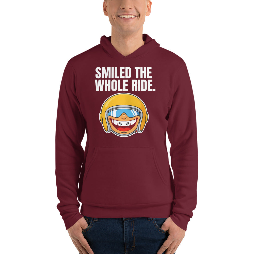 Smiled The Whole Ride funny motorcycle hoodie — Maroon, on model