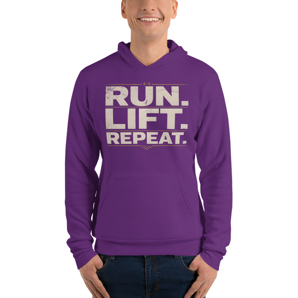 Run Lift Repeat vintage athletic hoodie — Team Purple, on model