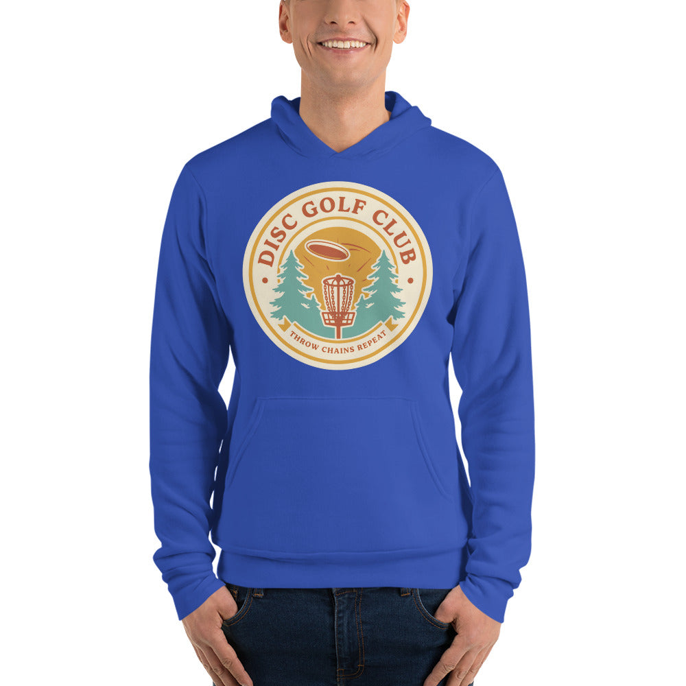 Disc Golf Club retro badge hoodie — True Royal, on model