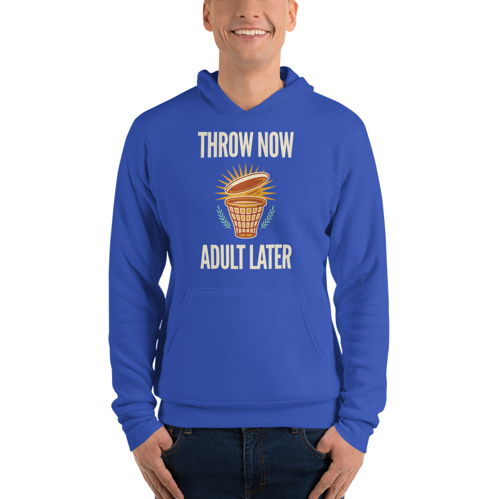 Throw Now Adult Later disc golf retro hoodie — True Royal, on model