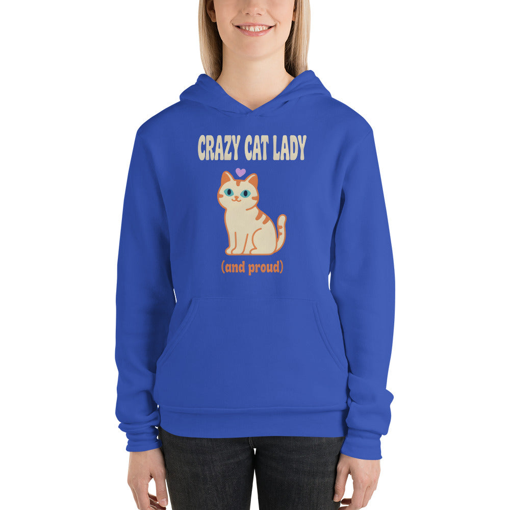 Crazy Cat Lady and Proud retro Y2K hoodie — True Royal, on model