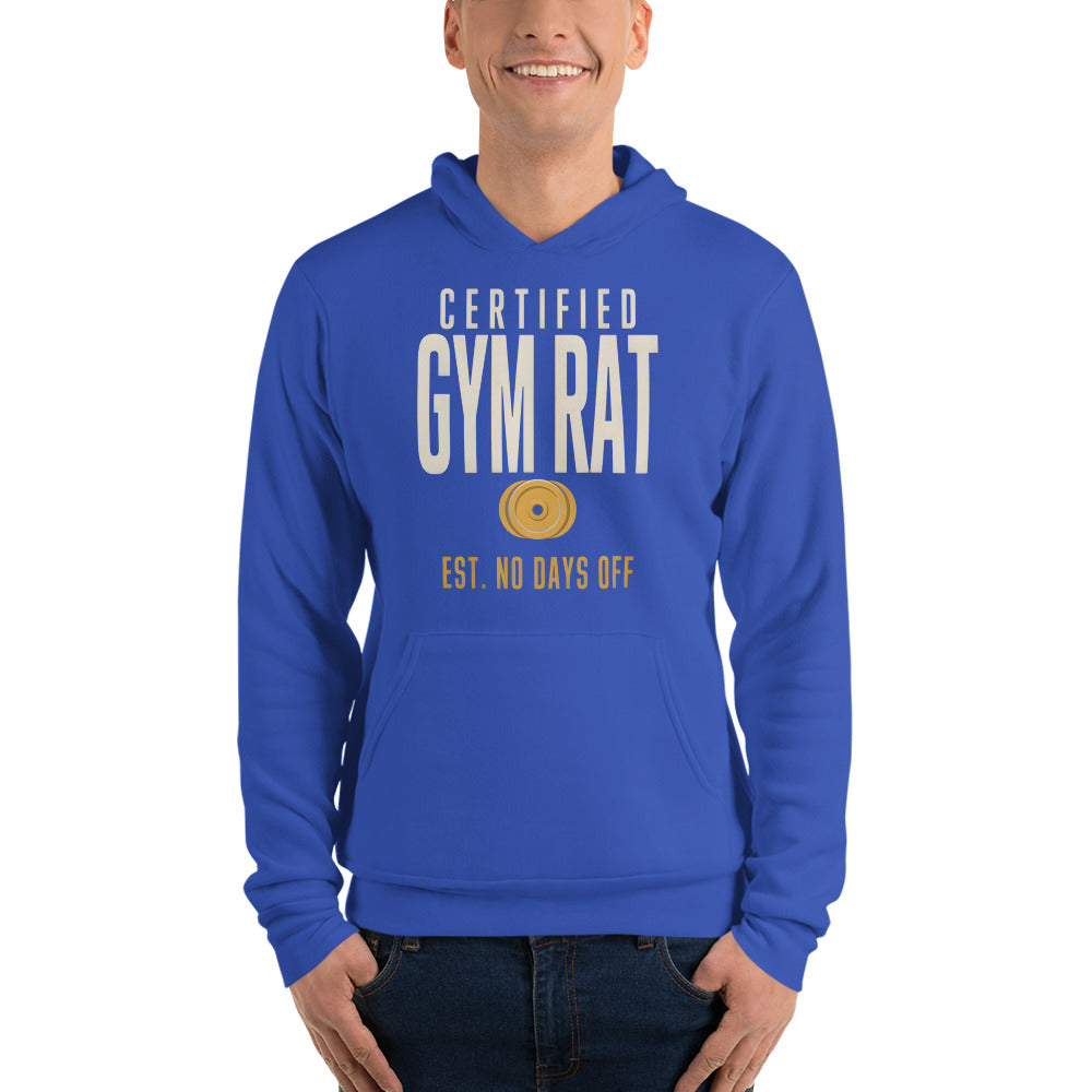 Certified Gym Rat vintage athletic hoodie — True Royal, on model