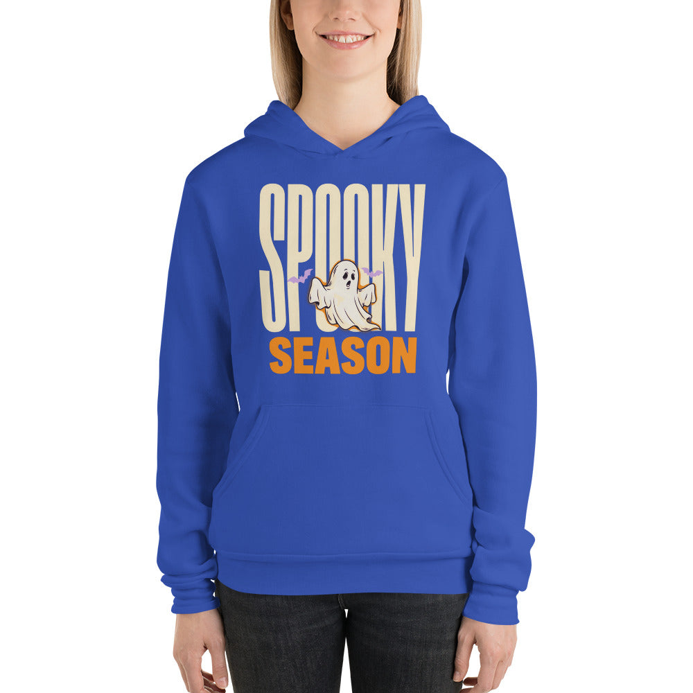 Spooky Season retro Halloween ghost typography hoodie — True Royal, on model