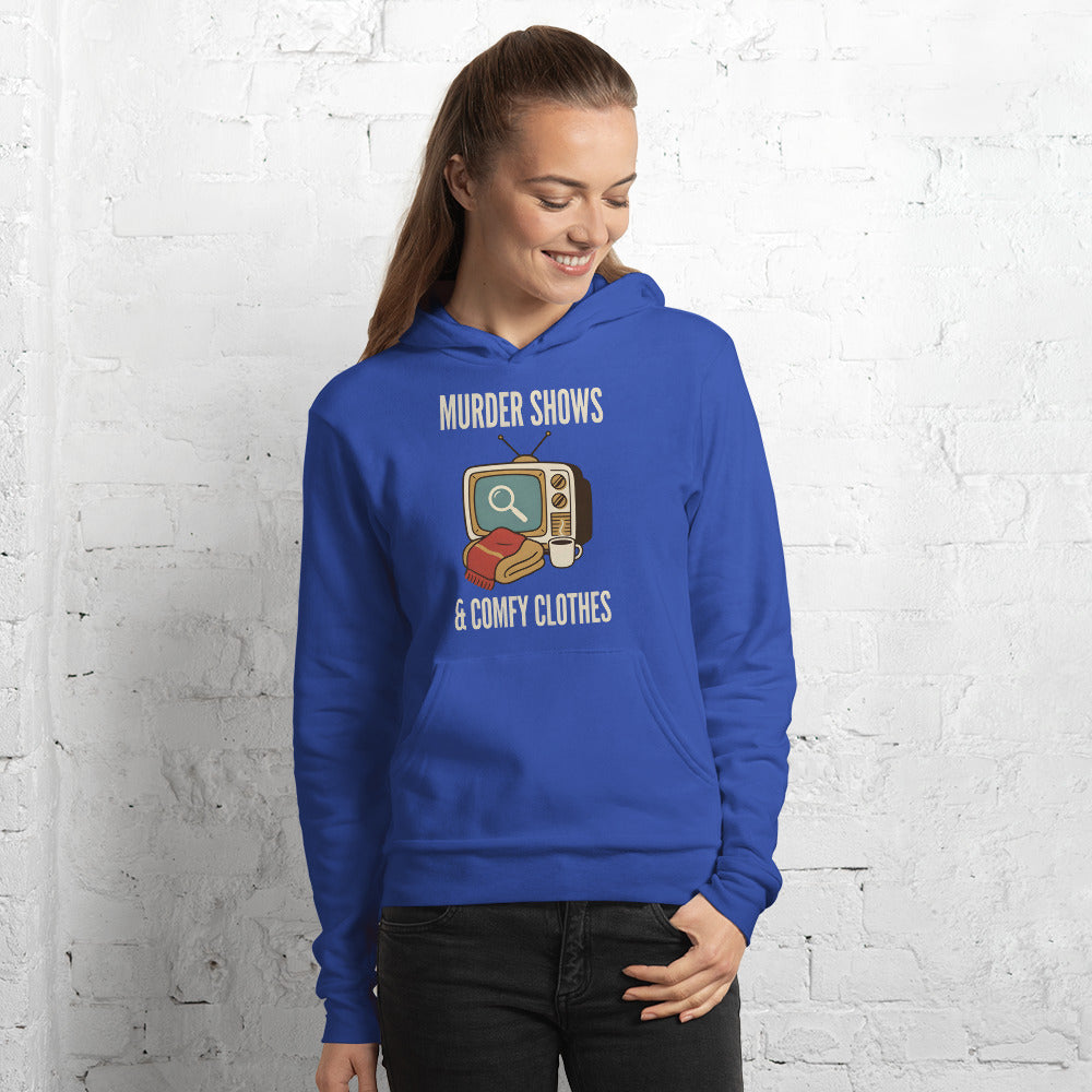 Murder Shows and Comfy Clothes cozy true crime hoodie — True Royal, on model