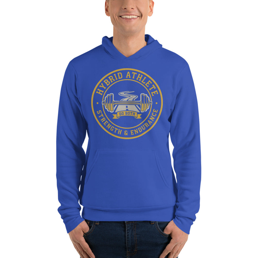 Hybrid Athlete vintage athletic-department crest hoodie — True Royal, on model
