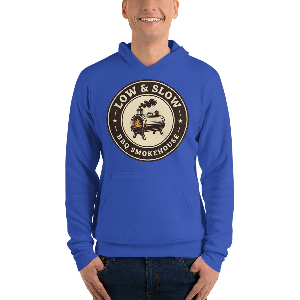 Low & Slow BBQ smoker hoodie — True Royal, on model