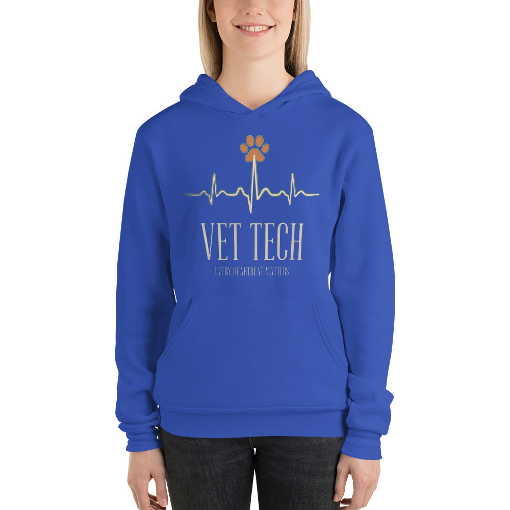 Every Heartbeat Matters minimalist vet tech hoodie — True Royal, on model
