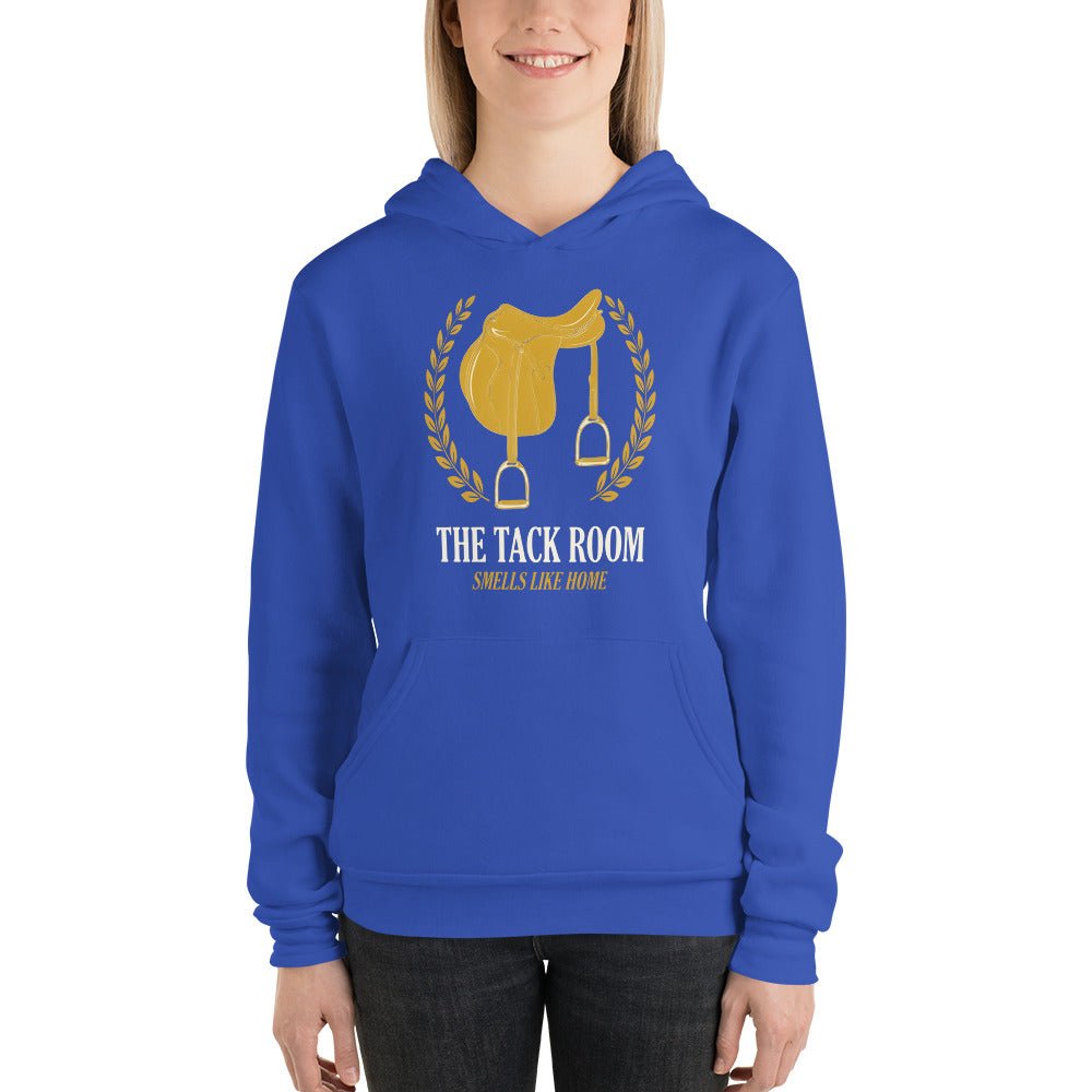 The Tack Room engraved equestrian saddle crest hoodie — True Royal, on model