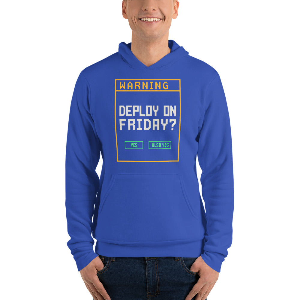 Deploy On Friday programmer hoodie — True Royal, on model