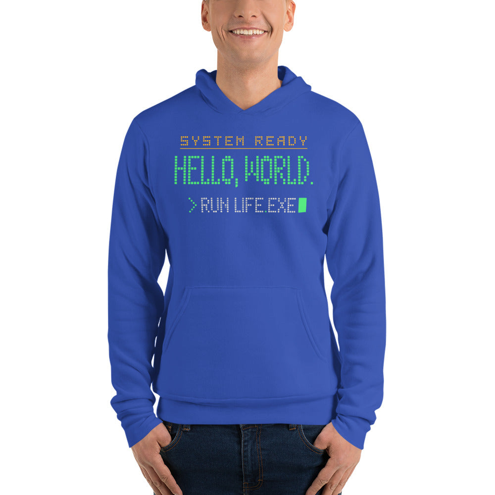 Hello World retro boot screen programmer hoodie — True Royal, on model