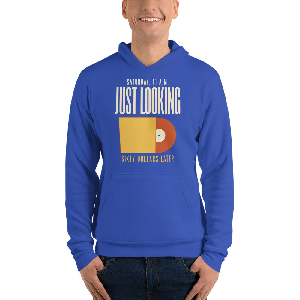 Just Looking Sixty Dollars Later vinyl record hoodie — True Royal, on model